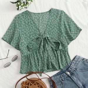 cropped tie front teal top with floral patterns